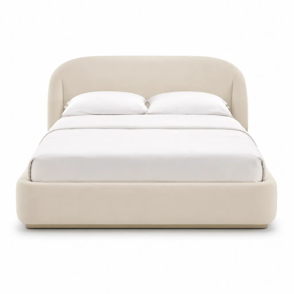 Lit double 160 x 200 cm cadre capitonne en polyester beige avec tete de lit arrondie