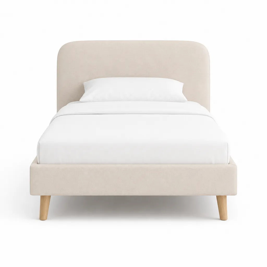 Lit double capitonne 160 x 200 cm en polyester beige avec tete de lit arrondie