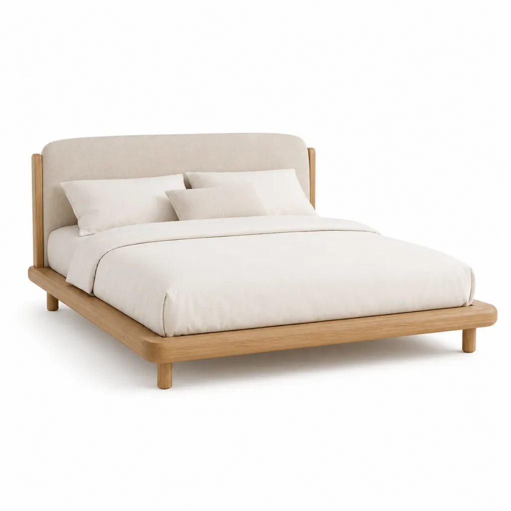 Lit double rectangulaire en chene massif avec tete de lit capitonnee en polyester beige 160 x 200 cm