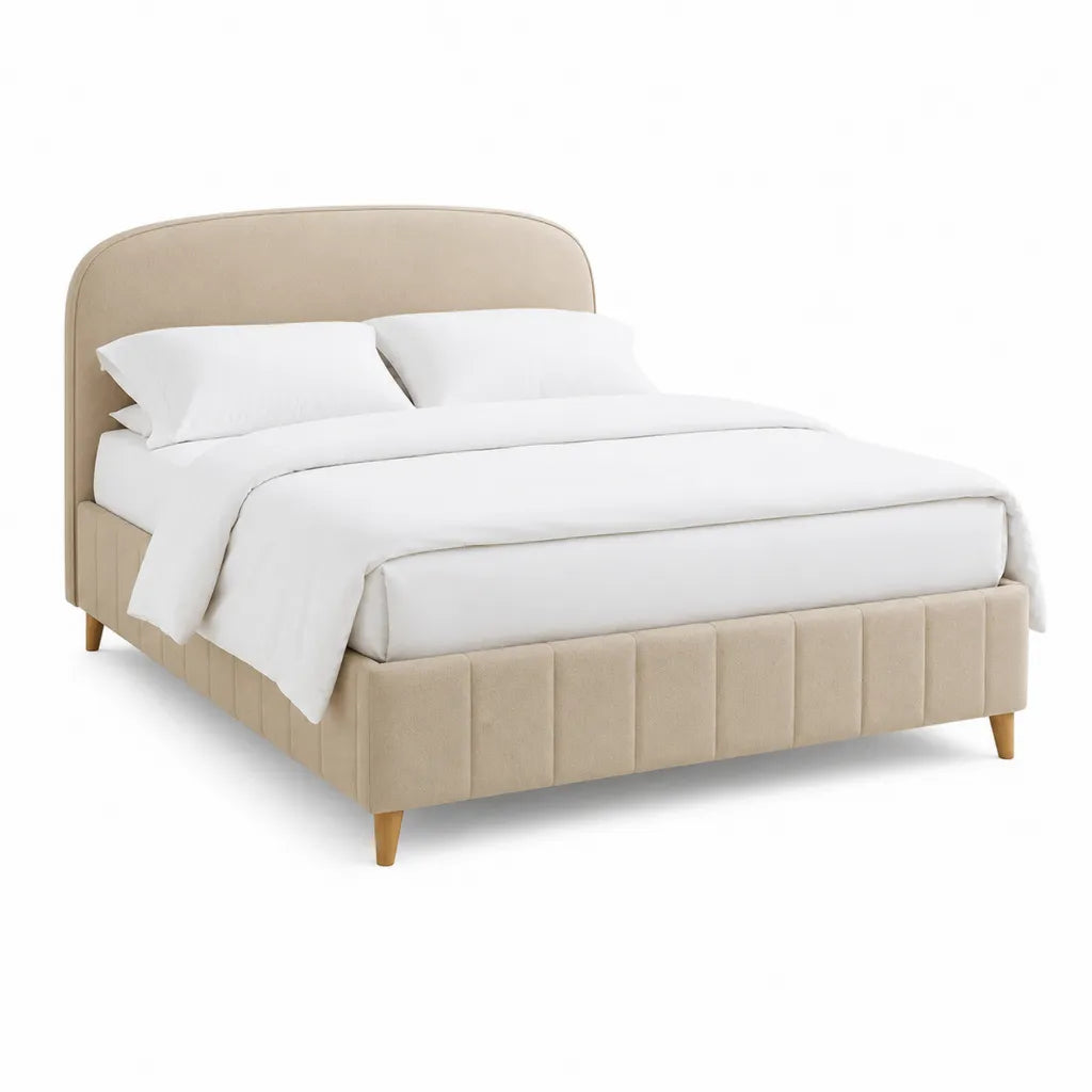 Lit double capitonne avec tete de lit arrondie 160 x 200 cm en polyester beige