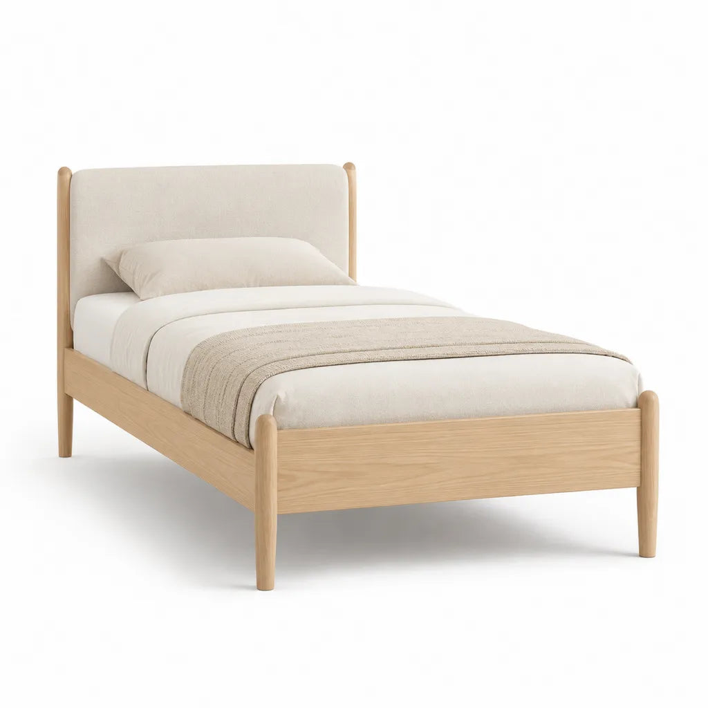 Lit simple 90 x 190 cm cadre en bois massif d'hevea tete de lit rembourree beige naturel