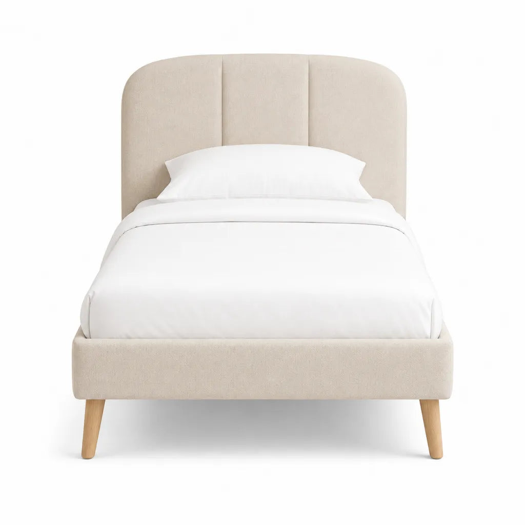 Lit simple a tete de lit arrondie 90 x 190 cm en polyester beige avec pieds en pin massif