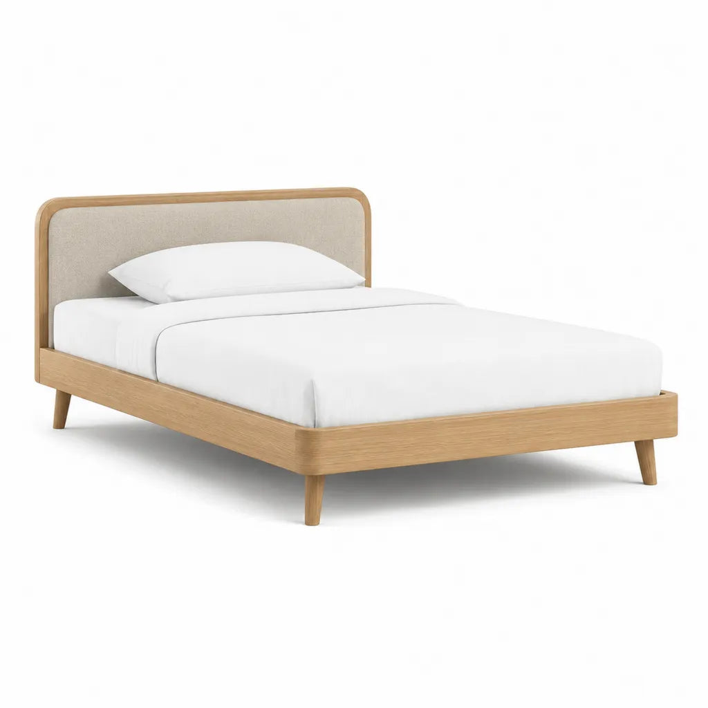 Cadre de lit 160 x 200 cm en chene massif beige avec tete de lit capitonnee