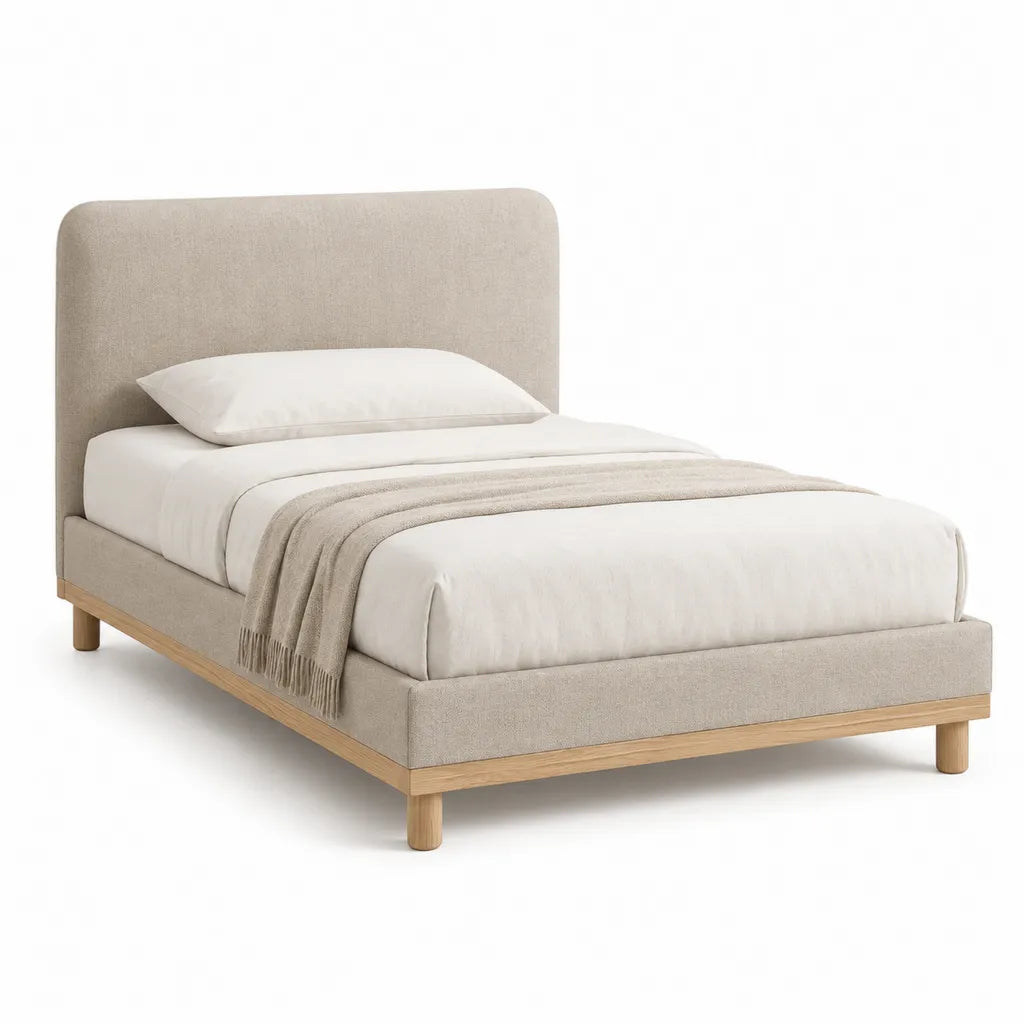 Lit double 160 x 200 cm avec cadre capitonne en polyester beige et pietement en bois massif