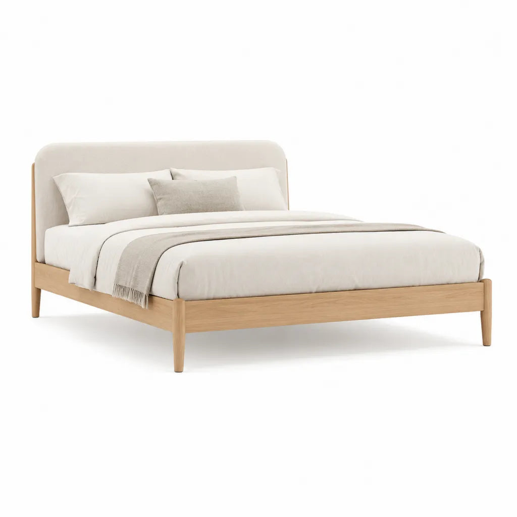 Lit double avec cadre en chene massif et tete de lit rembourree beige 160 x 200 cm