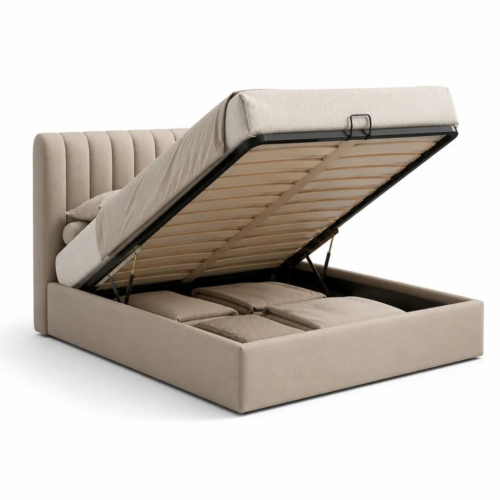 Lit coffre 160 x 200 cm rectangulaire en polyester beige avec tete de lit capitonnee et sommier relevable