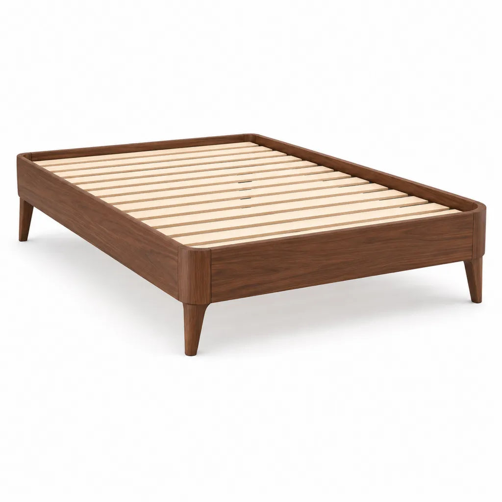 Cadre de lit double 140 x 190 cm en bois massif finition noyer avec sommier a lattes