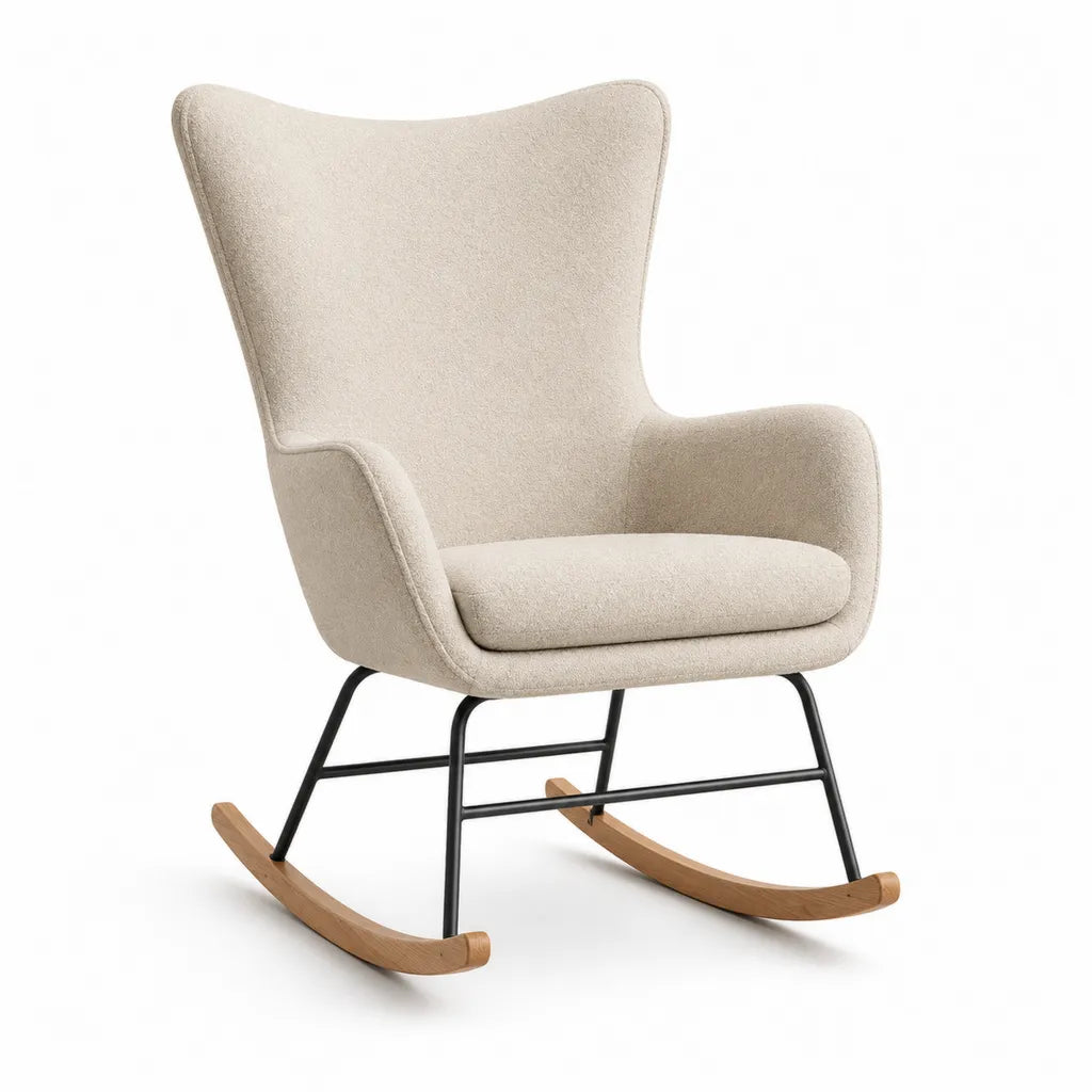 Fauteuil a bascule enveloppant en polyester bouclette creme avec structure en acier et patins en contreplaque L 68 x P 85 x H 103 cm