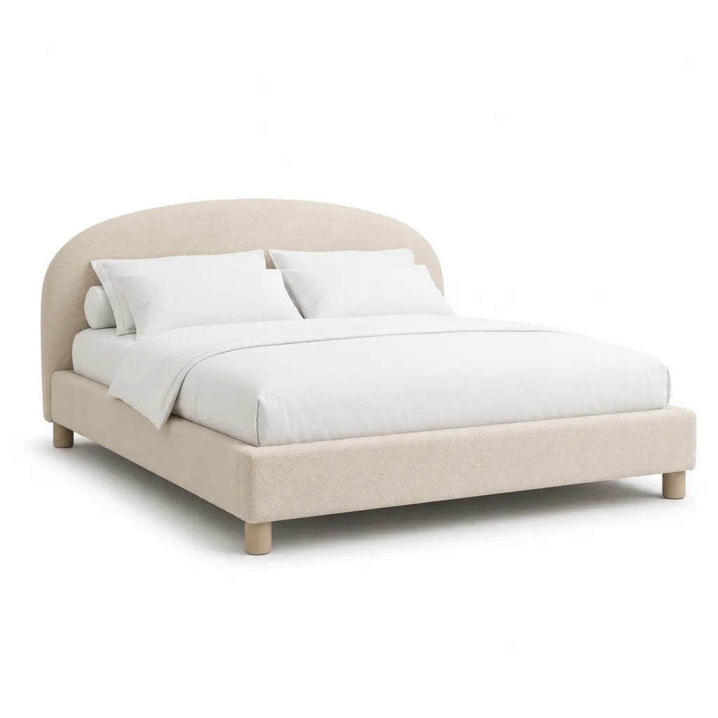 Lit double 160 x 200 cm avec cadre rembourre en polyester beige et tete de lit arrondie