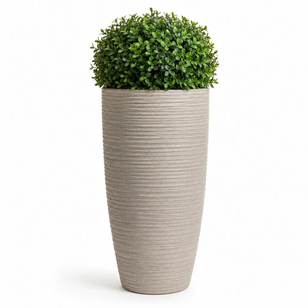 Pot de fleurs haut avec plante artificielle en polyethylene forme conique gris vert H 90 cm ? 35 cm