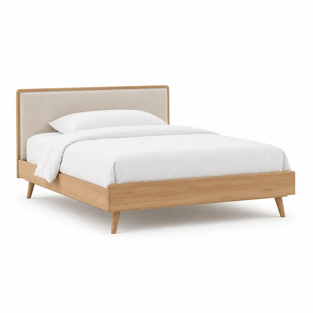 Lit double avec cadre en chene et tete de lit capitonnee beige 160 x 200 cm