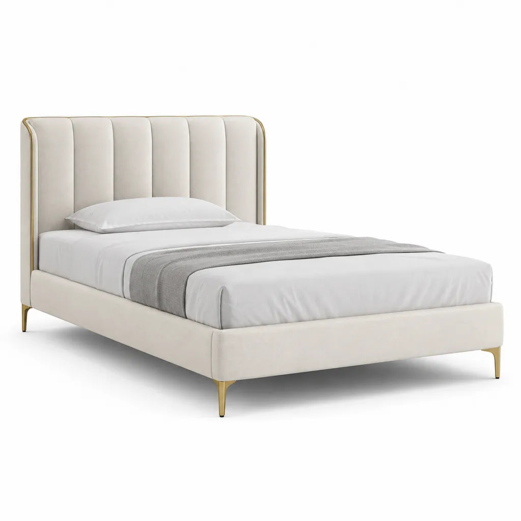 Lit capitonne 160 x 200 cm en velours de polyester creme avec pieds acier dore