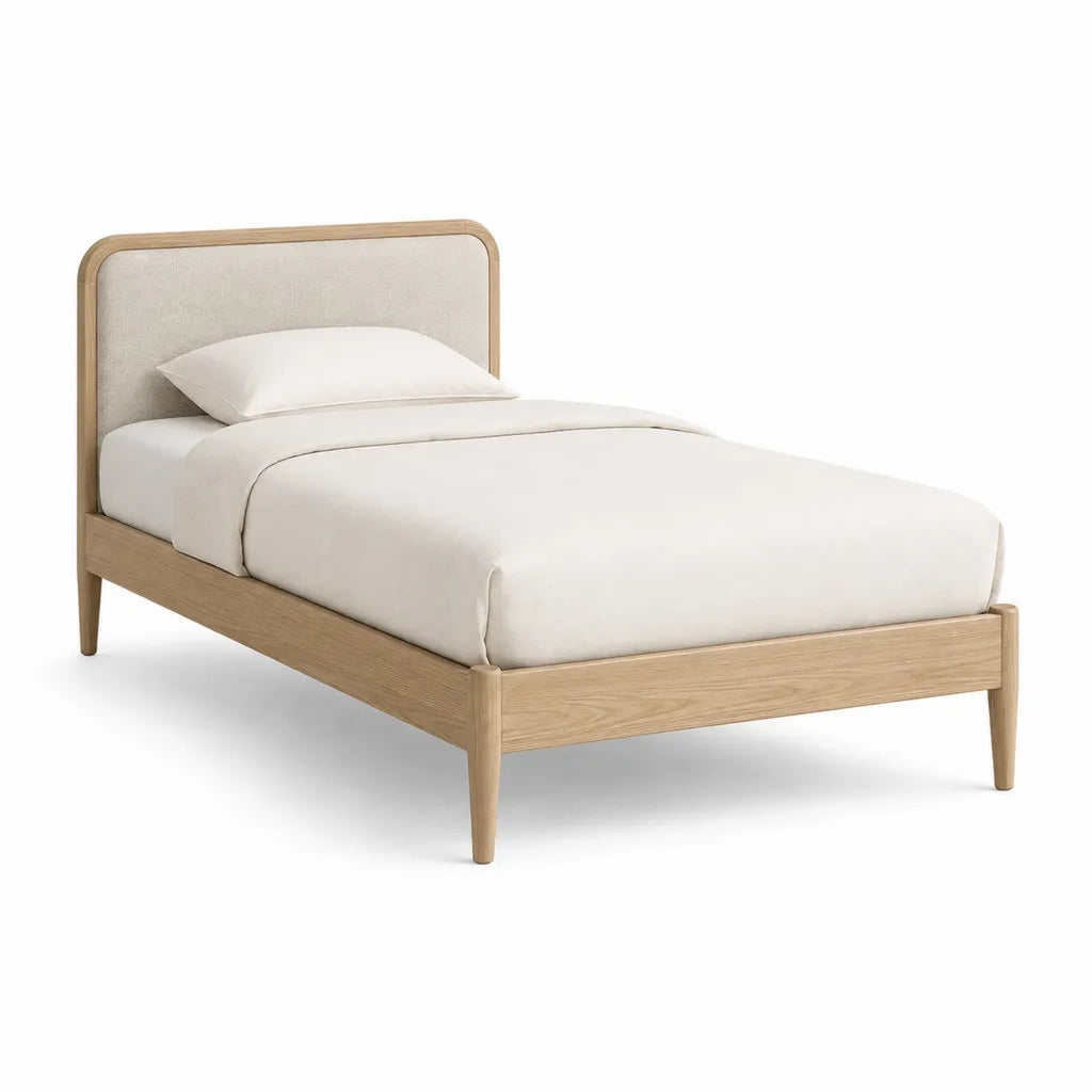 Lit simple en chene massif avec tete de lit rectangulaire beige 90 x 190 cm