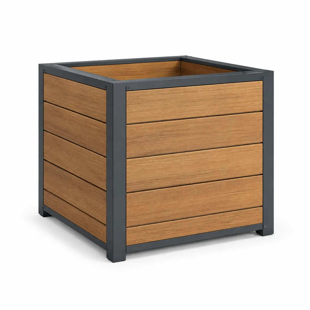 Jardiniere carree exterieure 60 x 60 x 60 cm en composite bois-plastique et aluminium marron et anthracite