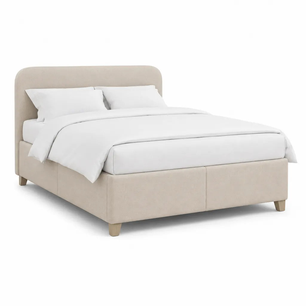 Lit double 160 x 200 cm cadre tapisse en polyester beige tete de lit arrondie
