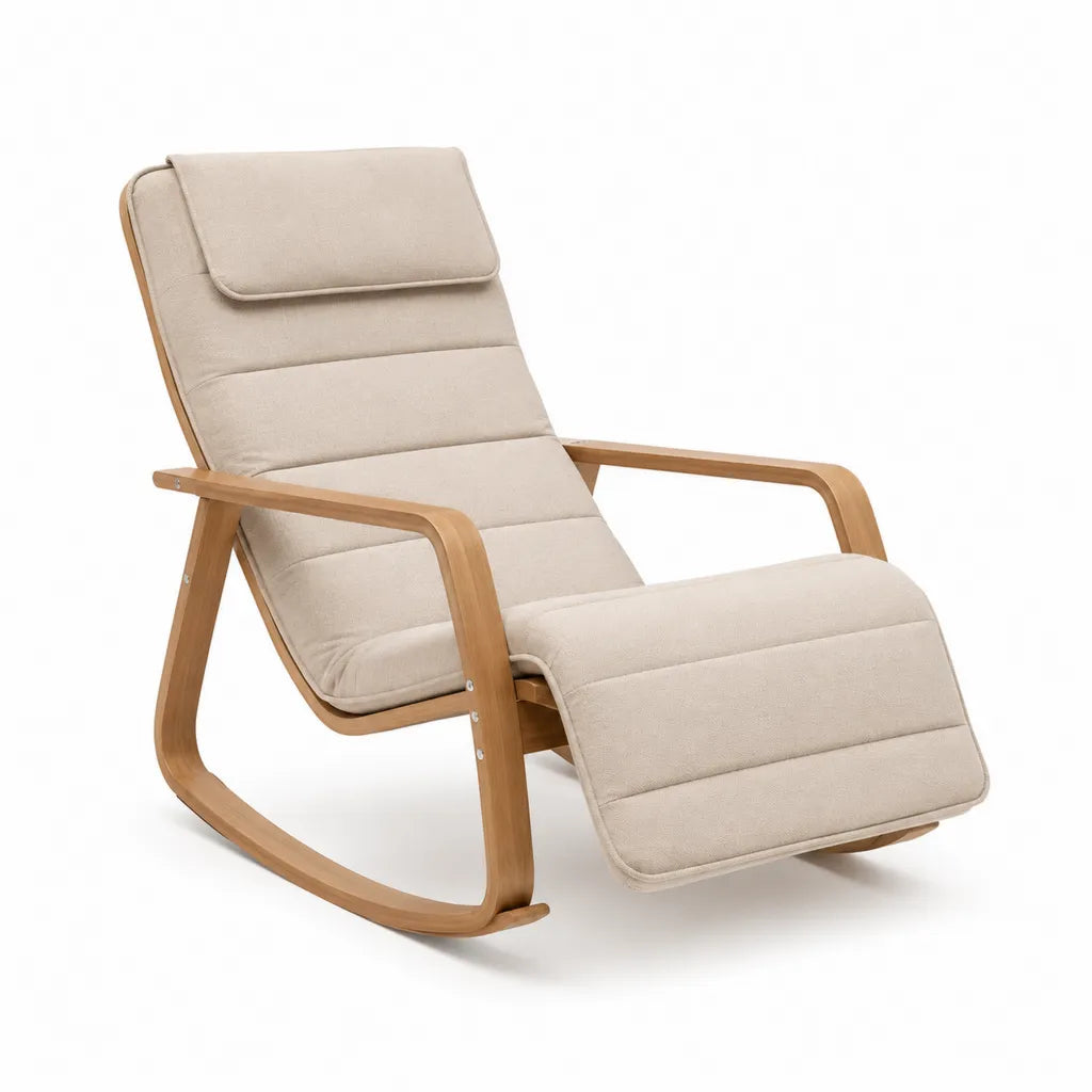 Fauteuil a bascule inclinable avec repose-pieds 67 x 140 x 100 cm en contreplaque de bouleau et polyester beige