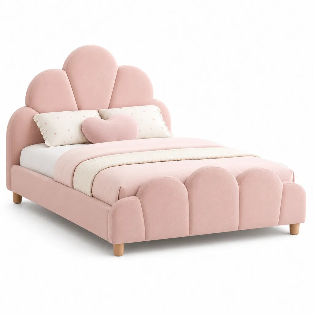 Lit enfant capitonne en polyester rose a forme fleur 90 x 200 cm