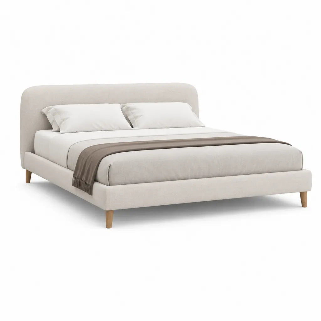 Lit double rembourre 160 x 200 cm en polyester beige avec tete de lit arrondie et pieds en bois massif
