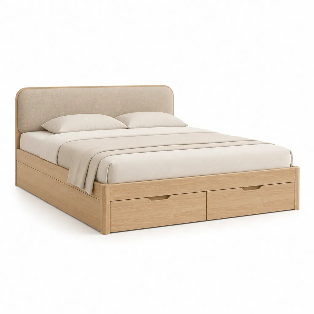 Lit double avec rangement 160 x 200 cm en MDF plaque chene naturel avec tete de lit capitonnee beige