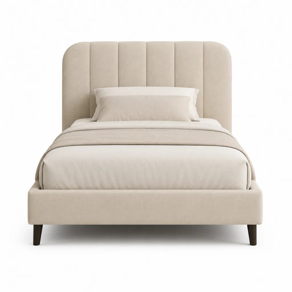 Lit double avec cadre capitonne 160 x 200 cm en polyester beige a tete de lit arrondie