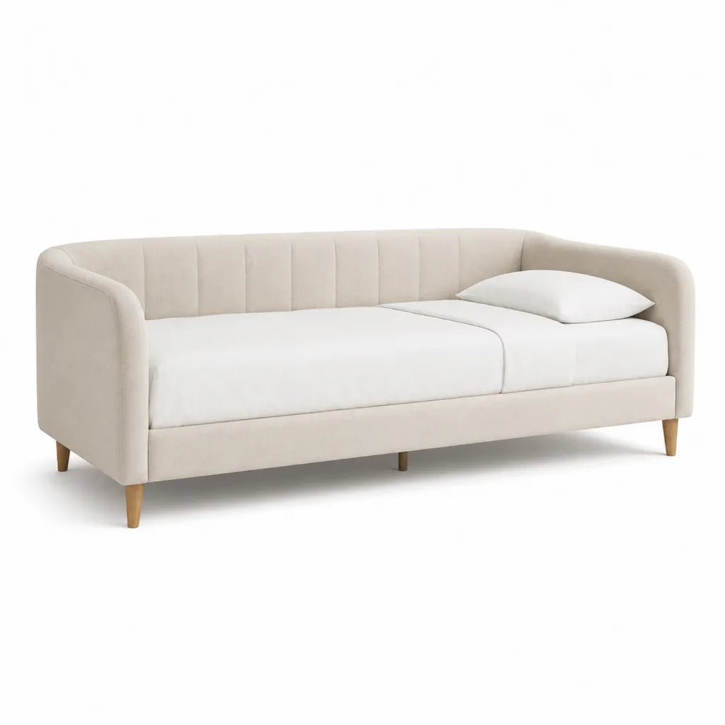 Lit banquette capitonne 90 x 200 cm en velours de polyester beige avec pieds en hevea massif