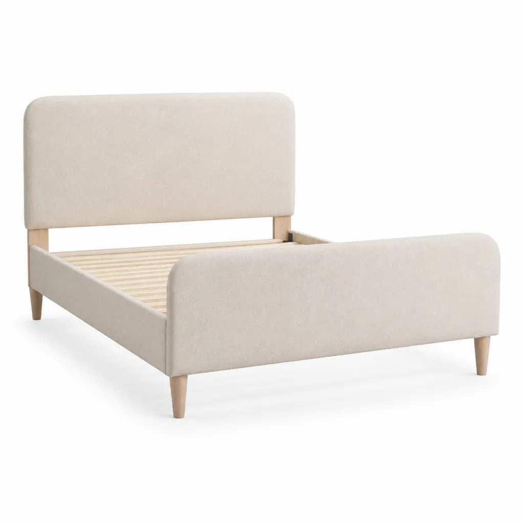 Lit double capitonne avec sommier a lattes 160 x 200 cm en polyester beige