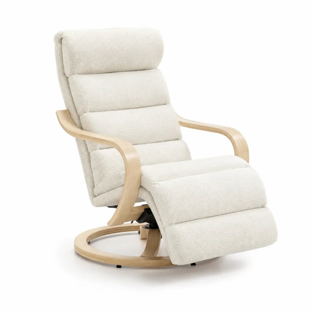 Fauteuil a bascule inclinable avec repose-pieds forme enveloppante en polyester boucle creme 68 x 160 x 104 cm