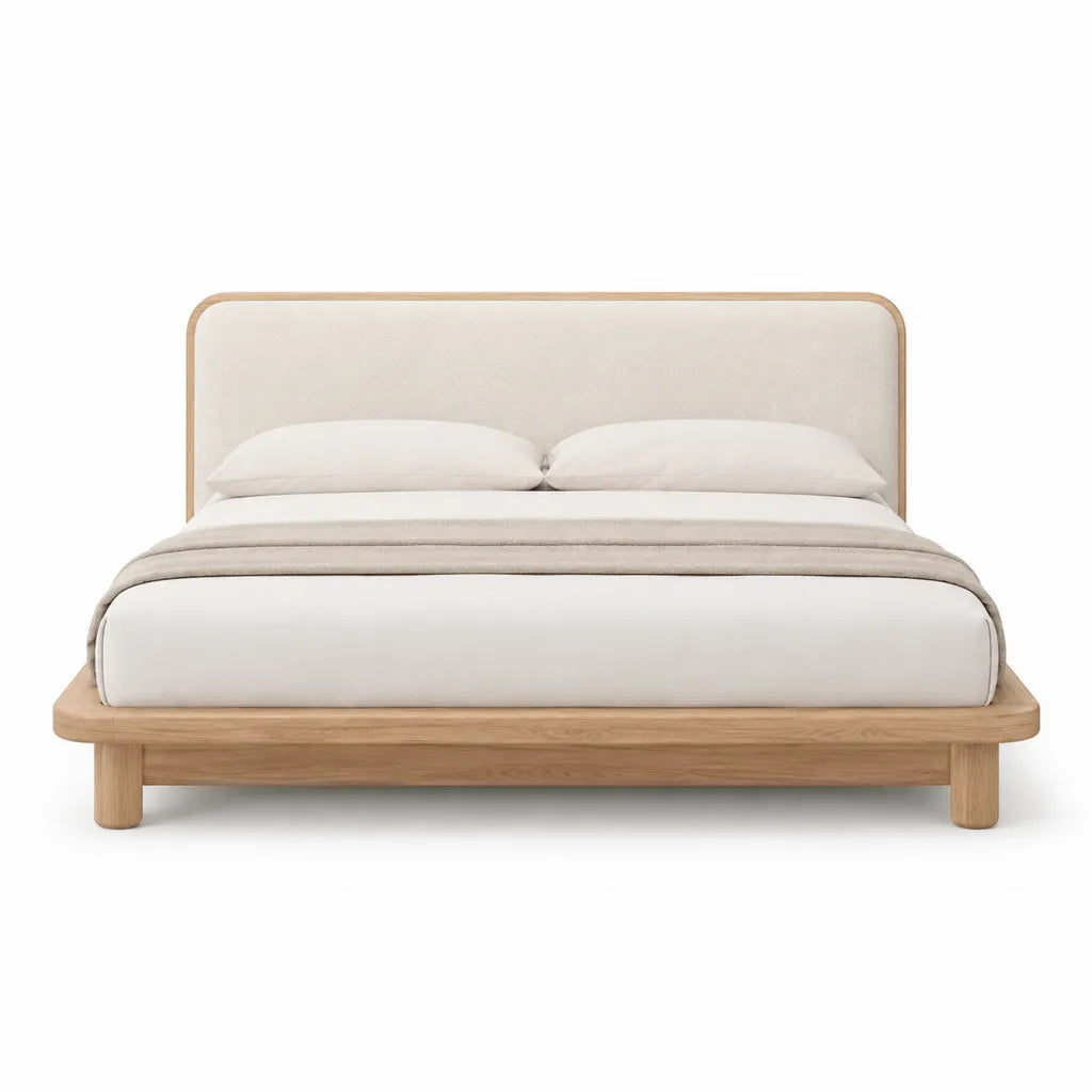 Lit double 160 x 200 cm cadre en chene massif tete de lit rembourree beige