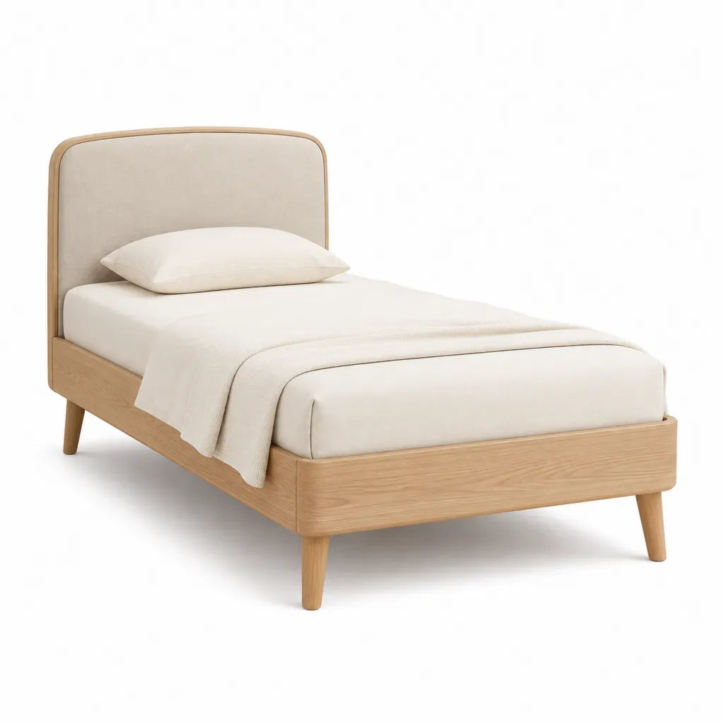 Lit simple avec cadre en bois massif et tete de lit capitonnee beige 90 x 190 cm