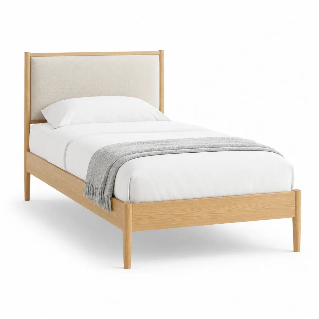 Lit simple 90 x 190 cm en chene massif avec tete de lit rembourree en polyester beige chene clair