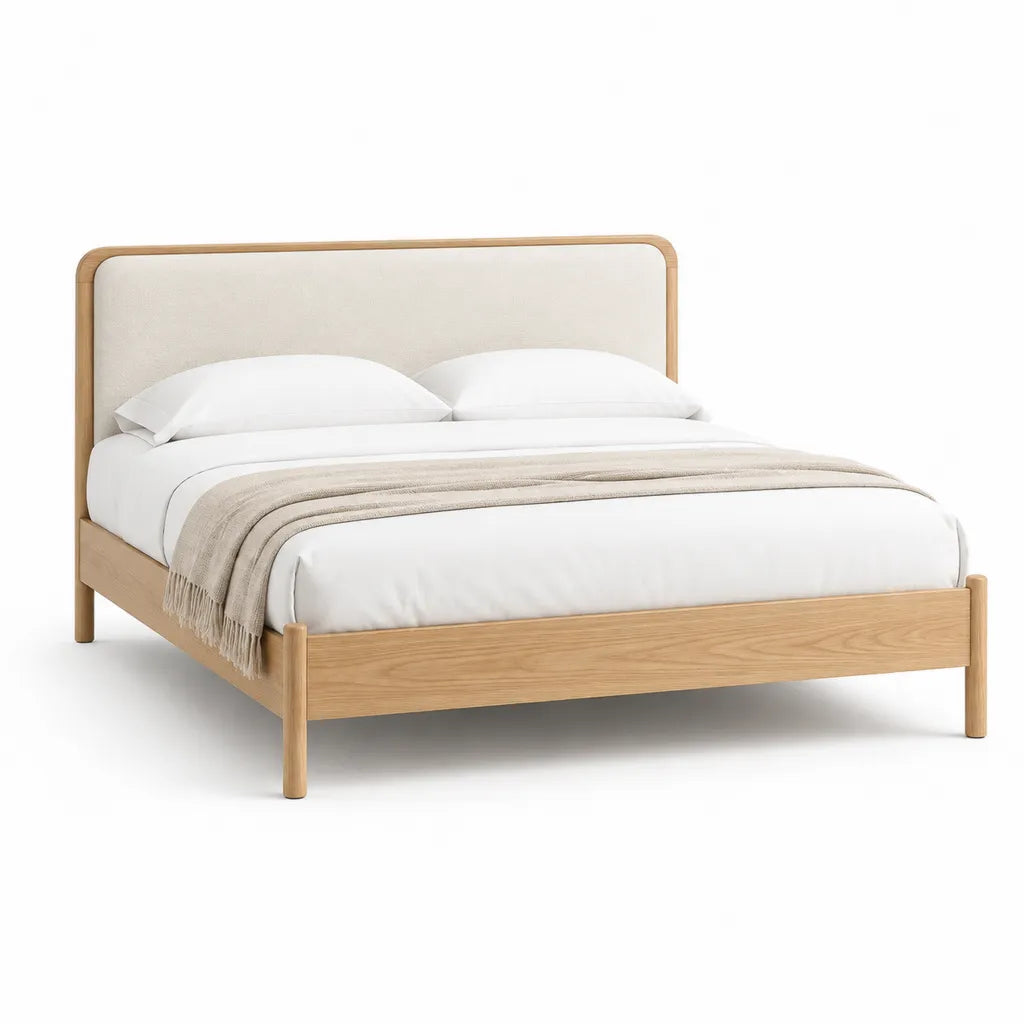 Lit double rectangulaire 160 x 200 cm en chene massif avec tete de lit rembourree beige