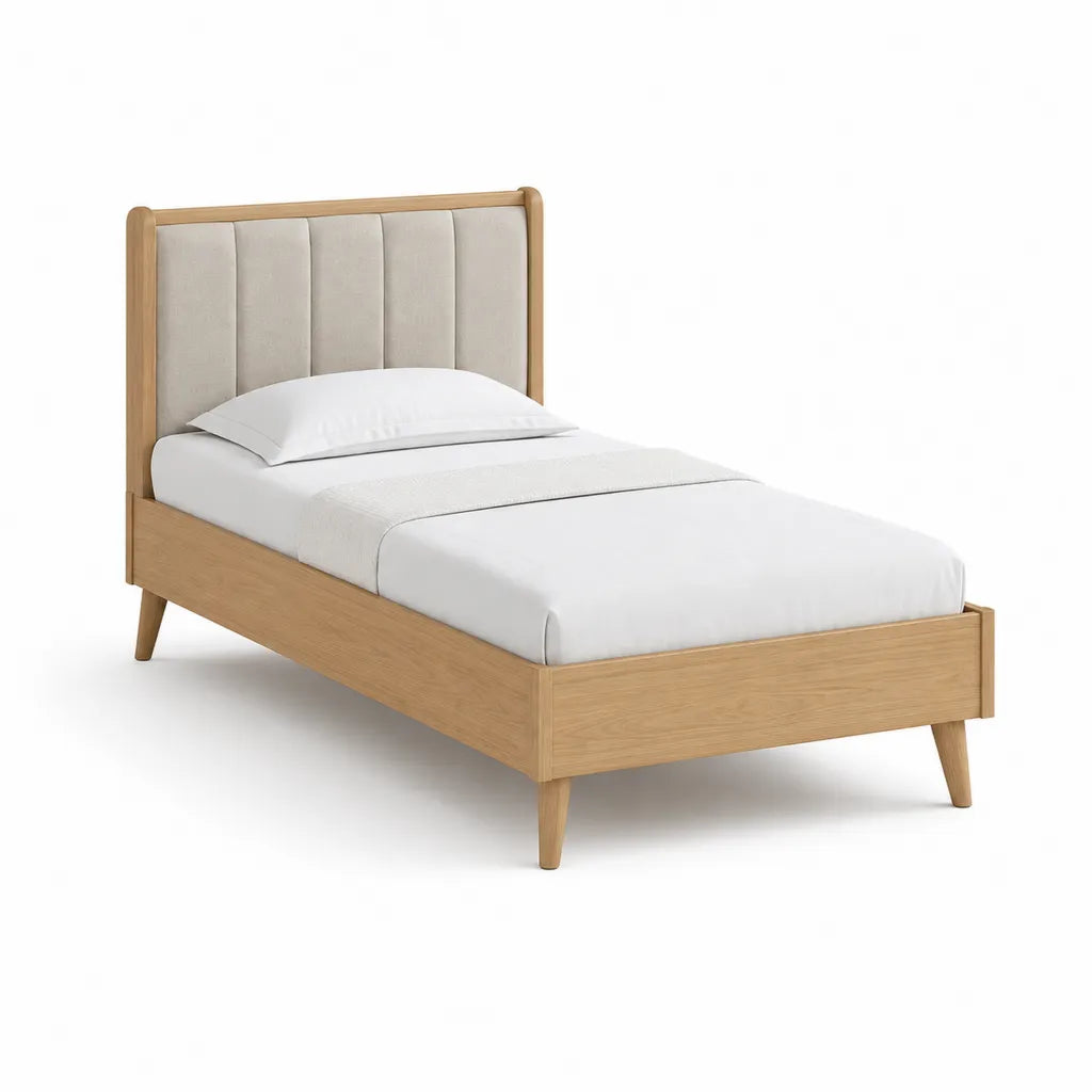 Lit simple 90 x 190 cm cadre en bois massif d'hevea tete de lit rembourree en polyester beige chene naturel 101 x 202 x 110 cm