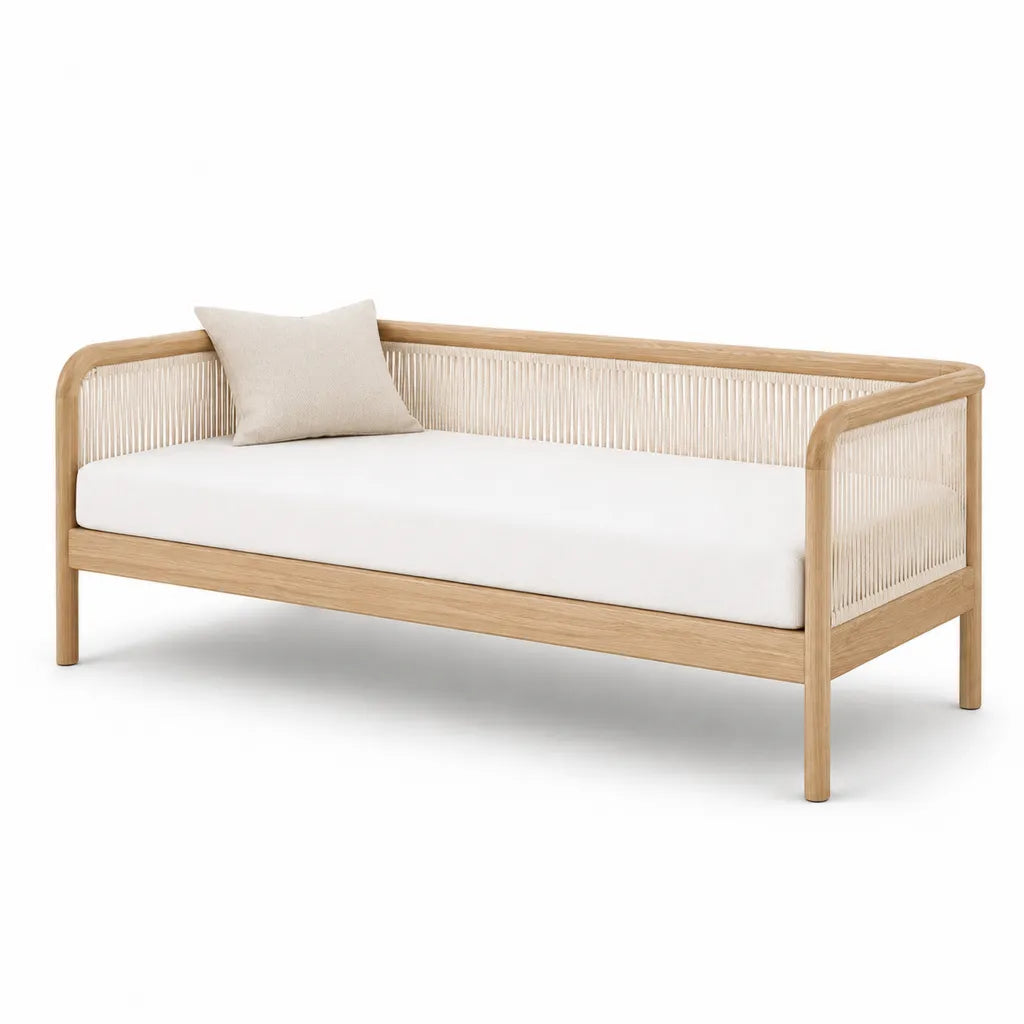 Lit banquette 1 place avec matelas cadre en bois massif et cordage synthetique beige 90 x 200 cm