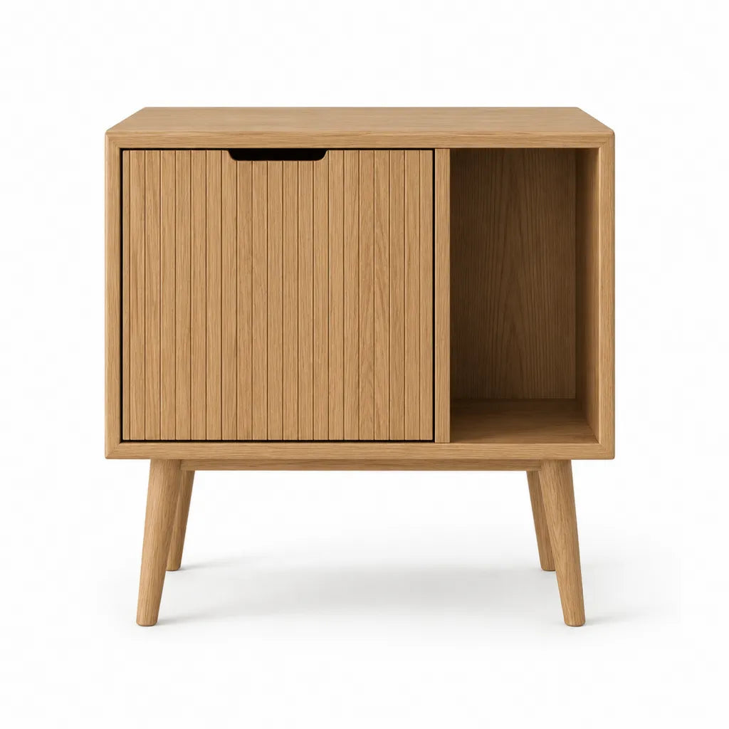 Table de chevet rectangulaire avec porte coulissante et niche en MDF plaque chene naturel 60 x 35 x 65 cm