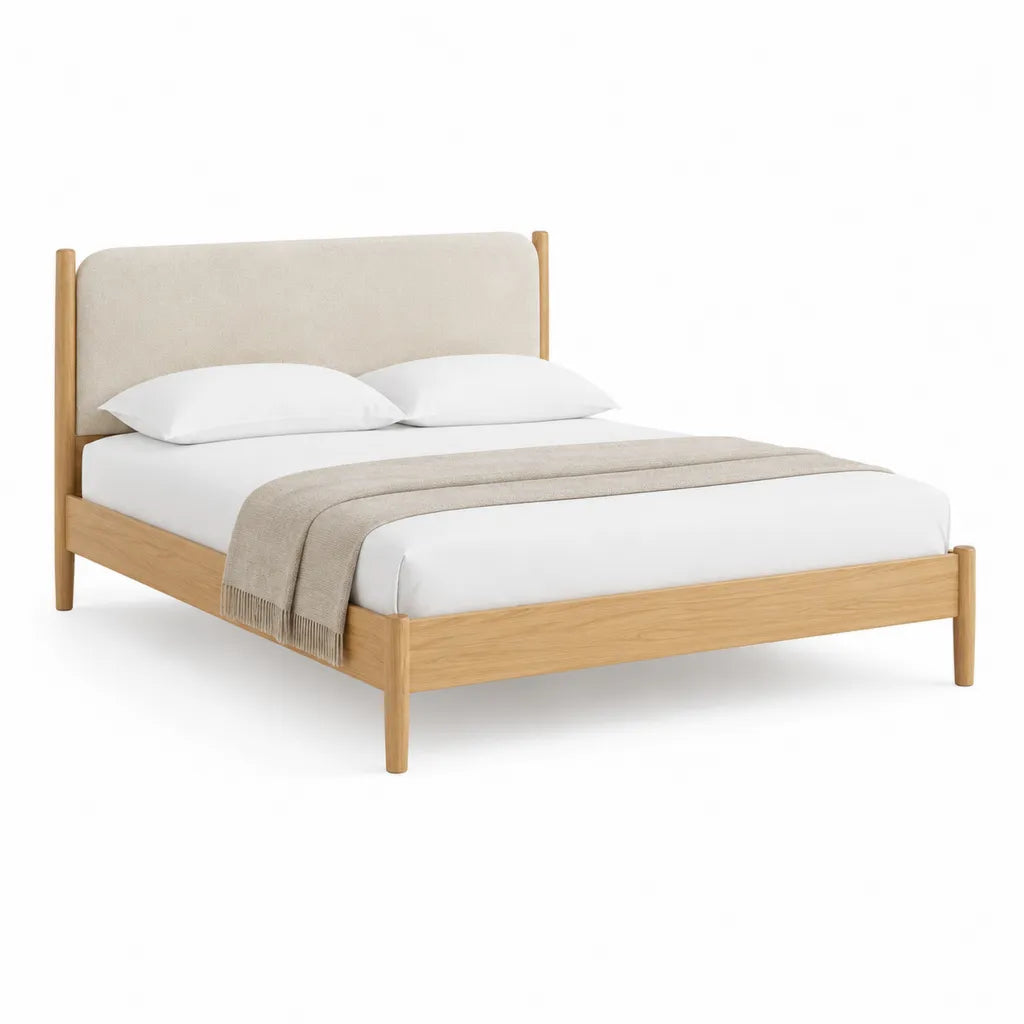 Lit double 160 x 200 cm en bois d'hevea massif naturel avec tete de lit rembourree beige
