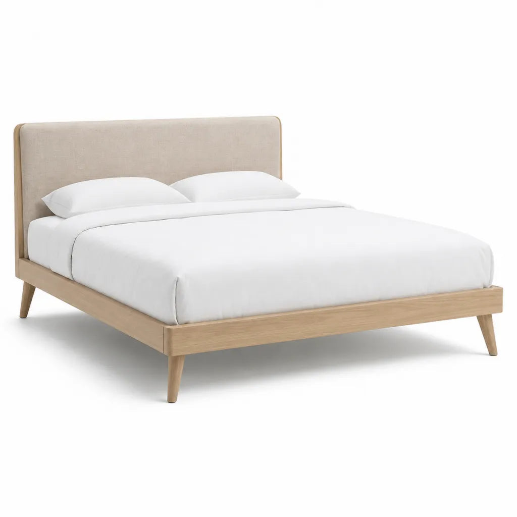 Lit double 160 x 200 cm avec cadre en hevea massif et tete de lit rembourree beige