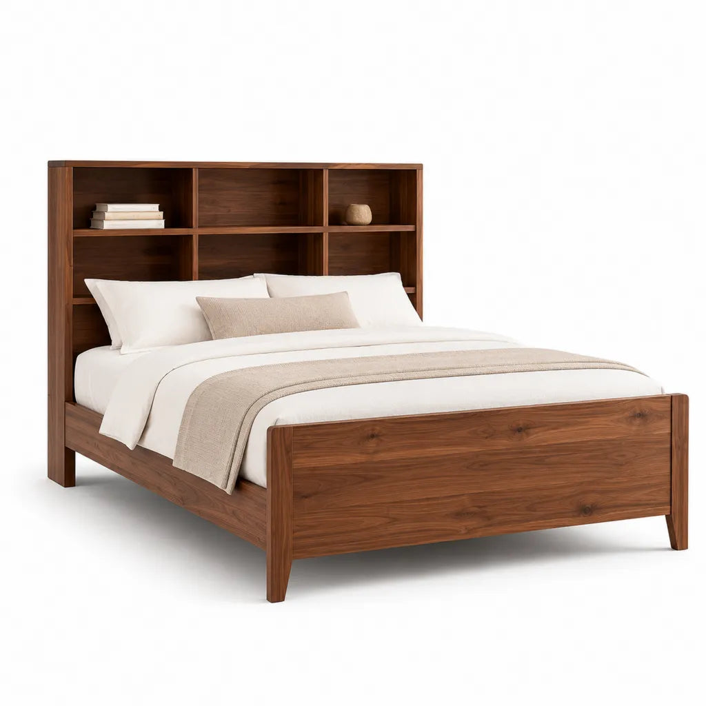 Lit double avec tete de lit bibliotheque en noyer massif 160 x 200 cm marron