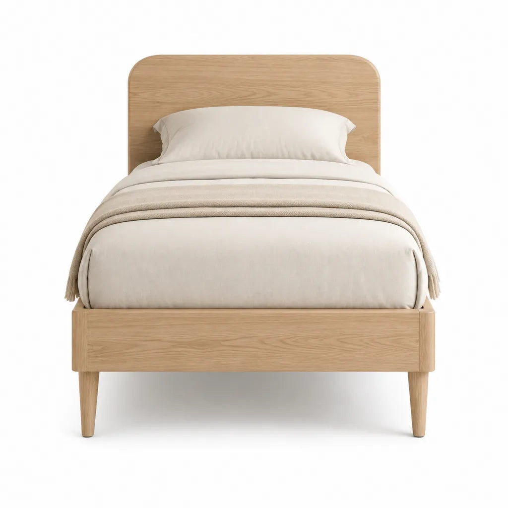 Lit simple avec cadre 90 x 190 cm en MDF finition chene clair tete de lit arrondie