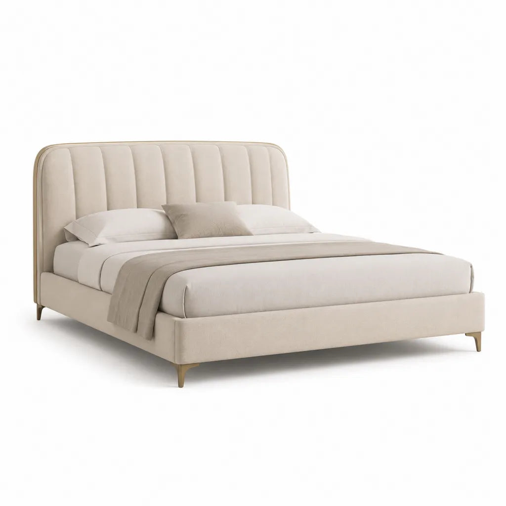 Lit double capitonne rectangulaire 160 x 200 cm en polyester beige