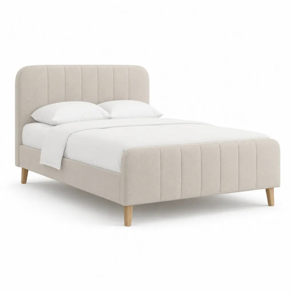 Lit double avec cadre capitonne 160 x 200 cm en polyester beige pieds en bois massif