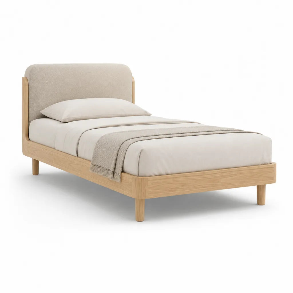 Lit simple 90 x 190 cm avec cadre en chene massif et tete de lit capitonnee beige