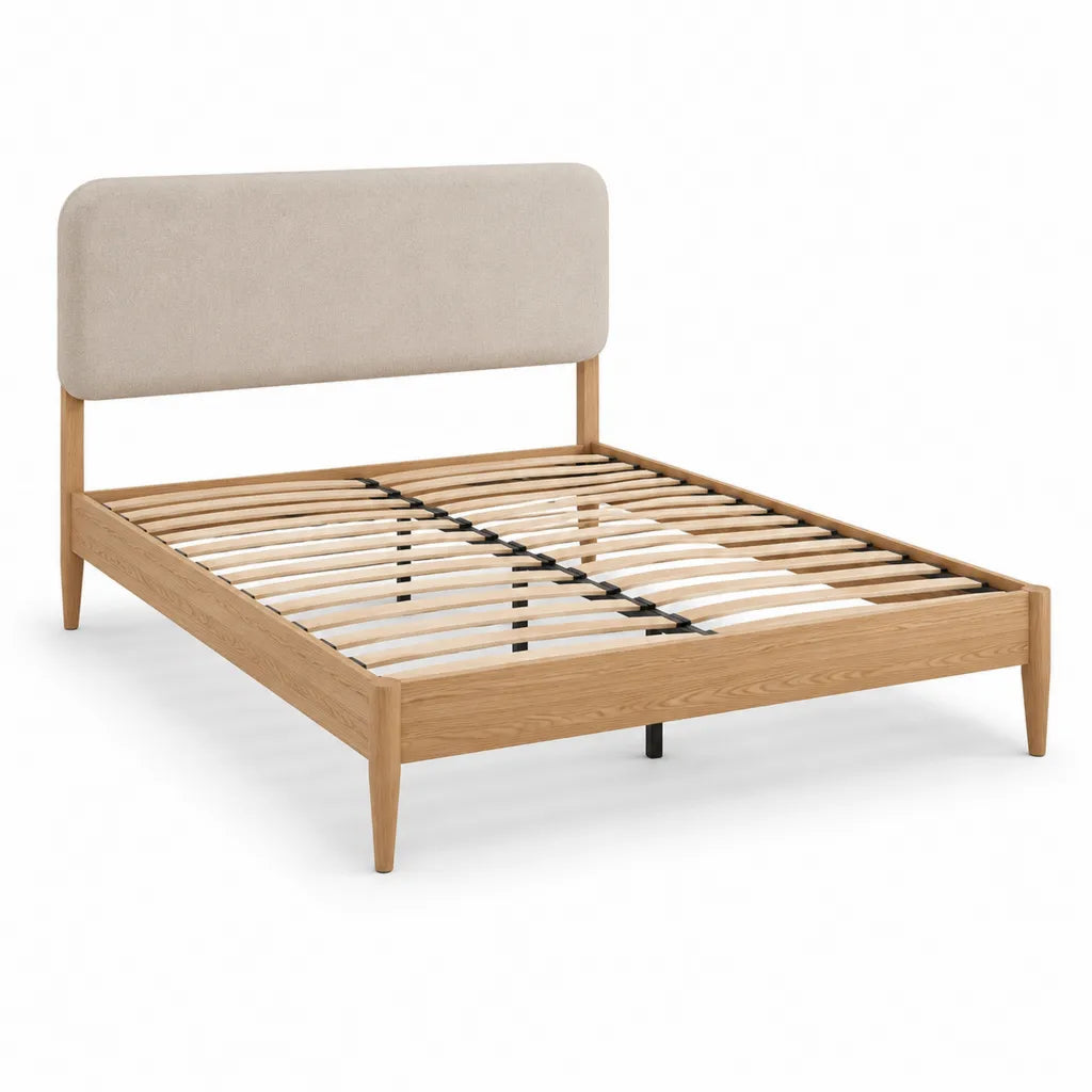 Lit double 160 x 200 cm en chene avec tete de lit rembourree beige