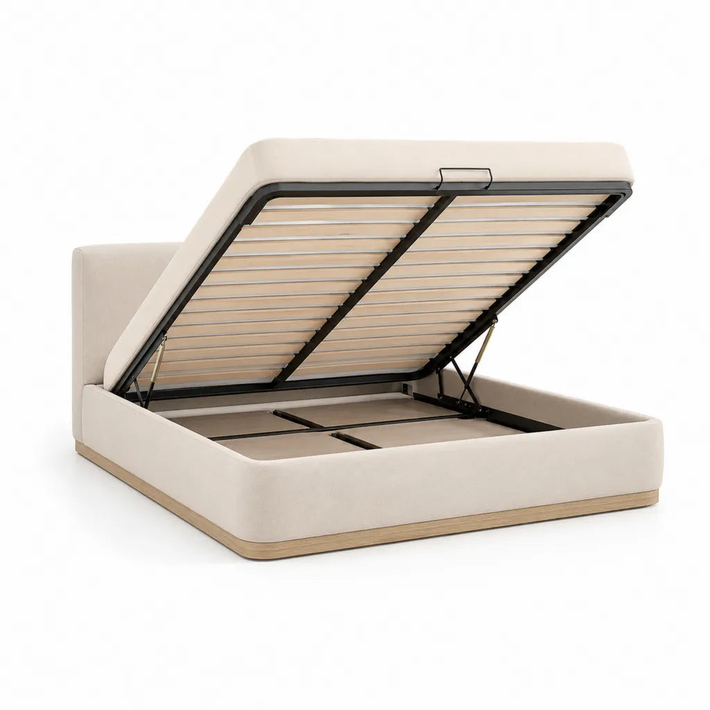 Lit coffre double 160 x 200 cm en polyester beige avec sommier a lattes et rangement relevable