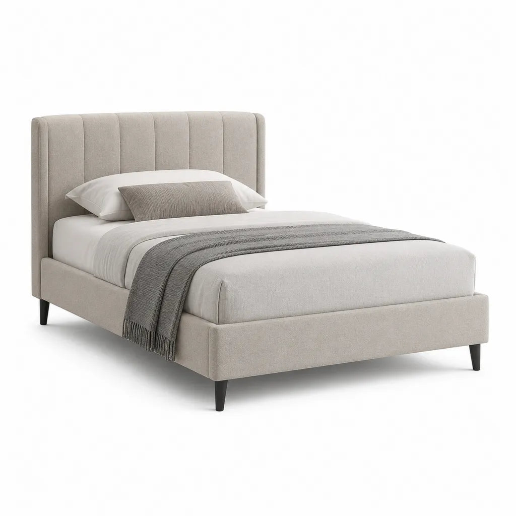 Lit double capitonne 160 x 200 cm en polyester beige avec tete de lit rectangulaire