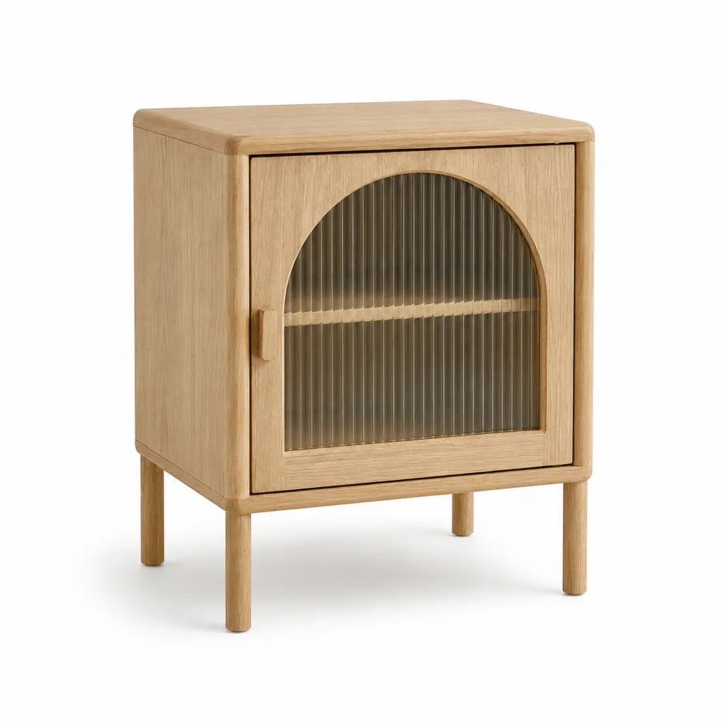 Table de chevet 1 porte en chene massif et verre strie en arc naturel 45 x 40 x 60 cm