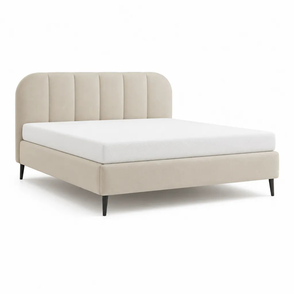 Cadre de lit double 160 x 200 cm capitonne en polyester beige avec tete de lit arrondie
