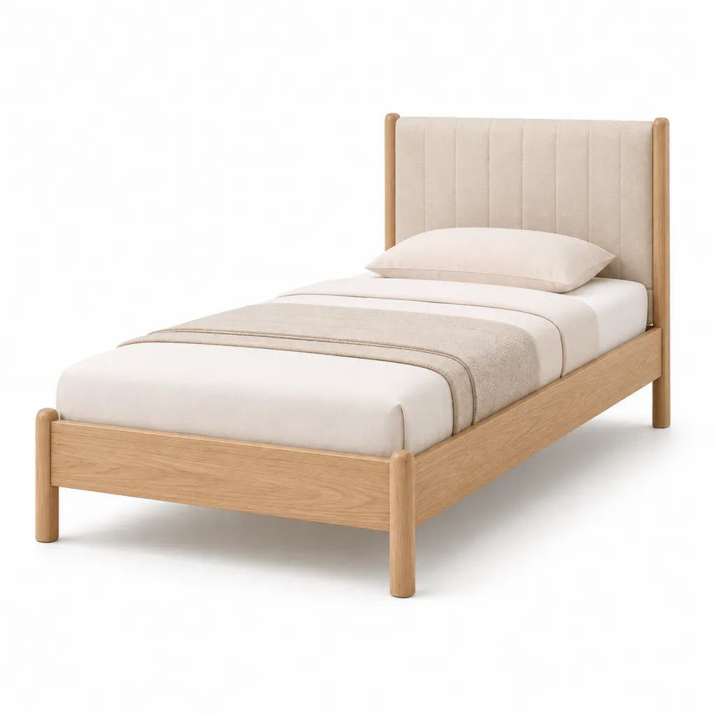 Lit simple 90 x 190 cm en bois massif naturel avec tete de lit capitonnee beige
