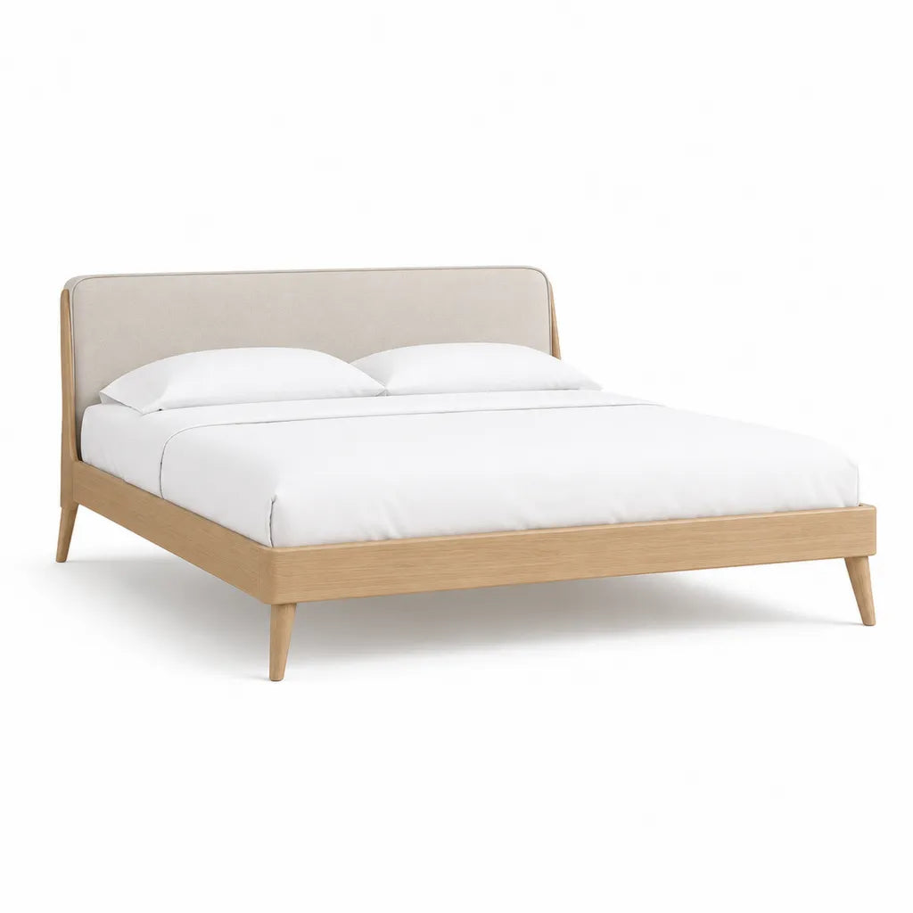 Cadre de lit double 160 x 200 cm en bois massif d'hevea chene clair avec tete de lit capitonnee beige