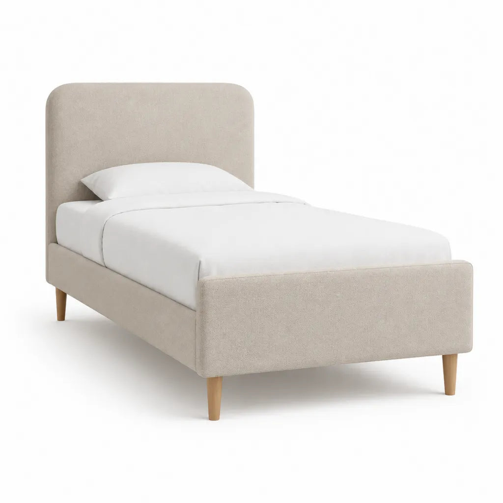 Lit simple rectangulaire 90 x 190 cm avec tete et pied de lit rembourres en polyester beige