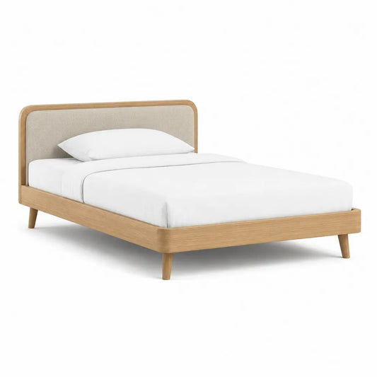 Cadre de lit 160 x 200 cm en chene massif beige avec tete de lit capitonnee